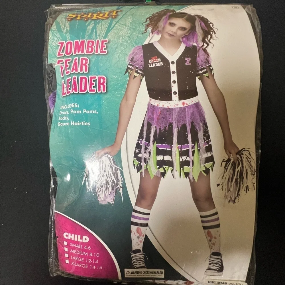 HALLOWEEN COSTUME “ZOMBIE FEAR LEADER” GIRLS SIZE LARGE 12-14 BLACK/PURPLE/GREEN